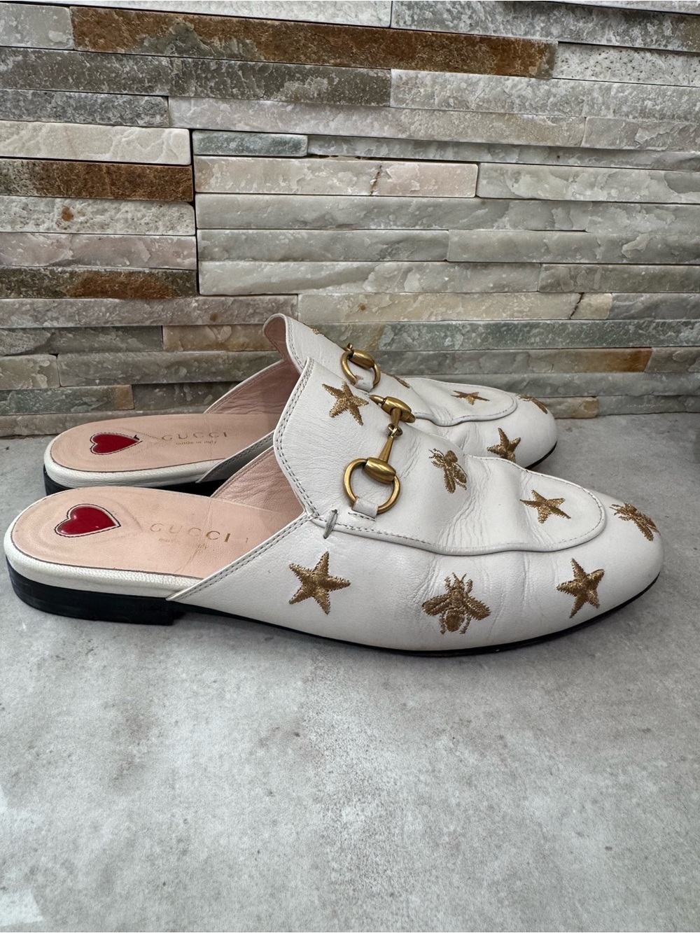 Gucci White Princetown Horsebit Mules with Gold Star & Bee Embroidery - Picture 9 of 9